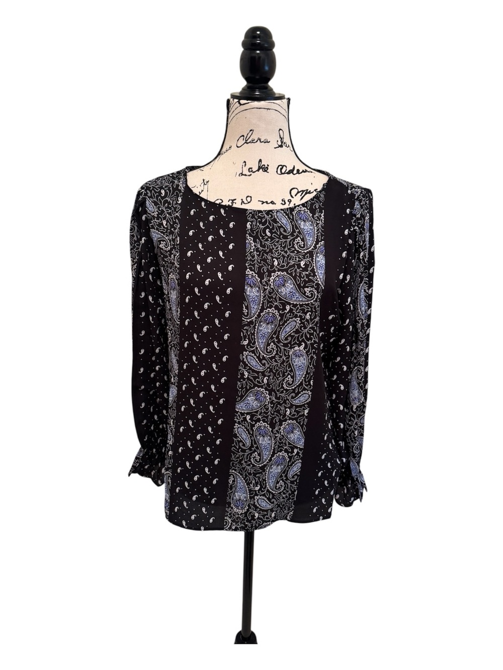 T Tahari Black Blouse with Blue Paisley Panel